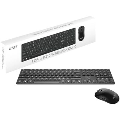 MSI FORGE K210 WIRELESS COMBO, QWERTY, IT lay-out, toetsenbord + muis, schaarschakelaar, laag profiel, draadloos 2,4 GHz, oplaadbaar tot 120 uur, USB 2.0, muis met optische sensor 1600 DPI MSI FORGE K210 WIRELESS COMBO, QWERTY, IT lay-out, toetsenbord + muis, schaarschakelaar, laag profiel, draadloos 2,4 GHz, oplaadbaar tot 120 uur, USB 2.0, muis met optische sensor 1600 DPI