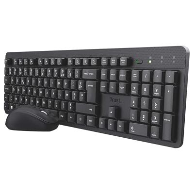 Trust Ymo II draadloos toetsenbord en muis, AZERTY, Belgisch, stil, zwart Drijvende platte toetsen, spatwaterdicht, unieke USB-ontvanger, set voor laptop Windows Mac Trust Ymo II draadloos toetsenbord en muis, AZERTY, Belgisch, stil, zwart Drijvende platte toetsen, spatwaterdicht, unieke USB-ontvanger, set voor laptop Windows Mac