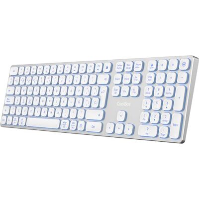 CoolBox Moonlight Draadloos toetsenbord voor Mac, Windows, Android, Linux, stil toetsenbord, tot 4 apparaten, aluminium behuizing, achtergrondverlichting (7 kleuren), membraan, wit CoolBox Moonlight Draadloos toetsenbord voor Mac, Windows, Android, Linux, stil toetsenbord, tot 4 apparaten, aluminium behuizing, achtergrondverlichting (7 kleuren), membraan, wit