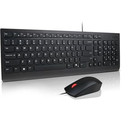 Lenovo Essential toetsenbord + muis, bekabeld, USB, compacte lay-out met toetsenbord, ergonomische muis, 1600 dpi, spatbescherming, copilot-knop, zwart Lenovo Essential toetsenbord + muis, bekabeld, USB, compacte lay-out met toetsenbord, ergonomische muis, 1600 dpi, spatbescherming, copilot-knop, zwart