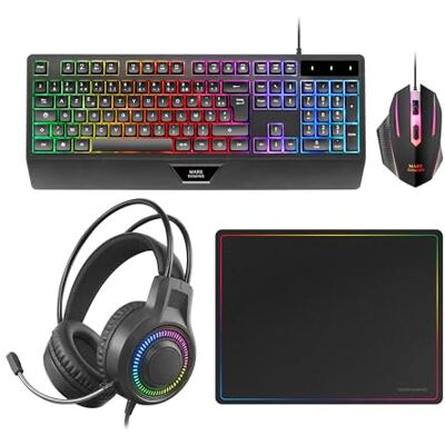 Mars Gaming MCP124PRO, Gaming Combo 4-in-1, H-Mech RGB-toetsenbord met polssteun, 3200 DPI RGB-muis en HUANO-schakelaars, FRGB-hoofdtelefoon, 36 x 26 cm nanotextiel muismat, multiplatform, Mars Gaming MCP124PRO, Gaming Combo 4-in-1, H-Mech RGB-toetsenbord met polssteun, 3200 DPI RGB-muis en HUANO-schakelaars, FRGB-hoofdtelefoon, 36 x 26 cm nanotextiel muismat, multiplatform,