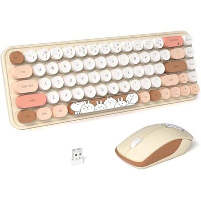 FOPETT Schattig draadloos toetsenbord en muis 2,4 G met 68 kleurrijke toetsen voor retro schrijfmachine voor pc, laptop, tablet, computerramen, gekleurde melkthee FOPETT Schattig draadloos toetsenbord en muis 2,4 G met 68 kleurrijke toetsen voor retro schrijfmachine voor pc, laptop, tablet, computerramen, gekleurde melkthee