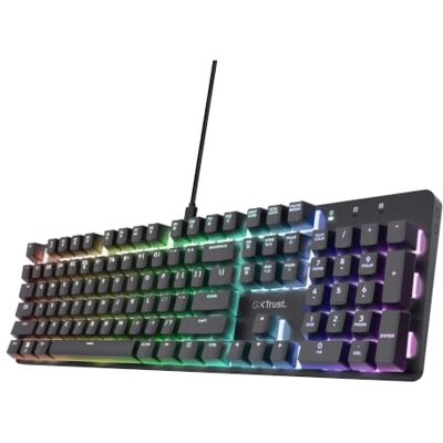 GXTrust Zora Duits mechanisch toetsenbord QWERTZ zwart Huano lineaire schakelaars, RGB-verlichting, N-Key Rollover anti-ghosting, programmeerbaar USB-gamingtoetsenbord voor pc en GXTrust Zora Duits mechanisch toetsenbord QWERTZ zwart Huano lineaire schakelaars, RGB-verlichting, N-Key Rollover anti-ghosting, programmeerbaar USB-gamingtoetsenbord voor pc en