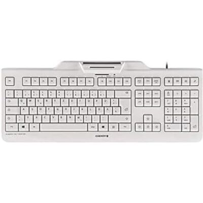 CHERRY KC 1000 SC QWERTY bekabeld beveiligingstoetsenbord met geïntegreerde smartcard-terminal, blauwe engel, wit/grijs CHERRY KC 1000 SC QWERTY bekabeld beveiligingstoetsenbord met geïntegreerde smartcard-terminal, blauwe engel, wit/grijs