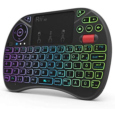 Rii Mini toetsenbord met touchpad, Smart TV toetsenbord, 2,4 GHz draadloos toetsenbord met 8 kleuren achtergrondverlichting en scrollrad (Duits, zwart Rii Mini toetsenbord met touchpad, Smart TV toetsenbord, 2,4 GHz draadloos toetsenbord met 8 kleuren achtergrondverlichting en scrollrad (Duits, zwart