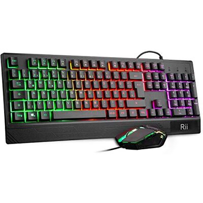 Rii Gaming toetsenbord en muis set, muis en toetsenbord, RGB QWERTZ achtergrondverlichting (Duitse lay-out), regenboogkleuren, waterdichte USB-verlichting met 3200 dpi voor Pro PC Gamer Rii Gaming toetsenbord en muis set, muis en toetsenbord, RGB QWERTZ achtergrondverlichting (Duitse lay-out), regenboogkleuren, waterdichte USB-verlichting met 3200 dpi voor Pro PC Gamer