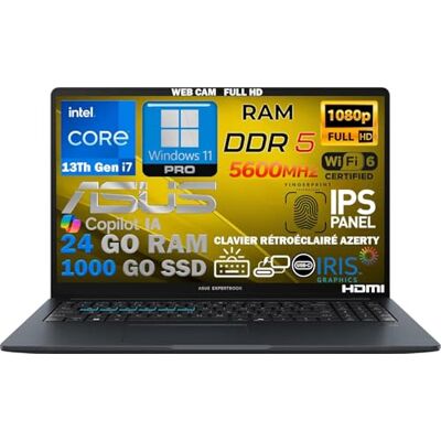 Asus Laptop Intel i7 13. 10 core 5 GHz, RAM 24 GB DDR4, PCIe 1 TB SSD, 15,6 Full HD-display, WiFi6E, USB, FaceID, vingerafdruk, toetsenbord met achtergrondverlichting, Win11, al geconfigureerd, AZERTY Asus Laptop Intel i7 13. 10 core 5 GHz, RAM 24 GB DDR4, PCIe 1 TB SSD, 15,6 Full HD-display, WiFi6E, USB, FaceID, vingerafdruk, toetsenbord met achtergrondverlichting, Win11, al geconfigureerd, AZERTY