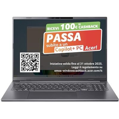 Acer Aspire 16 AI Laptop Display 16" WUXGA+ OLED Intel Core Ultra 7-256V processor 16GB RAM 512GB SSD Copilot+ PC Windows 11 QWERTY Laptop IA Acer Aspire 16 AI Laptop Display 16" WUXGA+ OLED Intel Core Ultra 7-256V processor 16GB RAM 512GB SSD Copilot+ PC Windows 11 QWERTY Laptop IA