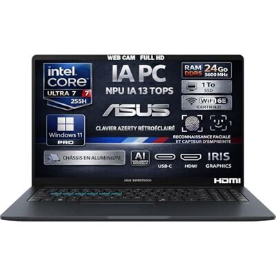 Asus Laptop IA, Intel Ultra7 255H 16 kernen, 24 GB DDR5 RAM, 1 TB SSD, 16 inch FHD-display, WiFi6E, gezichtsherkenning, aluminium, vingerafdruk, AZERTY-toetsenbord met achtergrondverlichting, Win11 Asus Laptop IA, Intel Ultra7 255H 16 kernen, 24 GB DDR5 RAM, 1 TB SSD, 16 inch FHD-display, WiFi6E, gezichtsherkenning, aluminium, vingerafdruk, AZERTY-toetsenbord met achtergrondverlichting, Win11