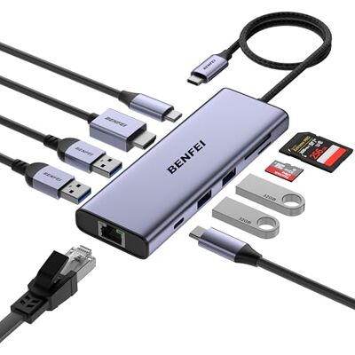 BENFEI 10-in-1 USB-C Hub, docking station met HDMI 4K @60Hz, Gigabit Ethernet, PD 100W, 4X USB-A 3.0, SD/TF-lezer 170MB/s voor MacBook, iPad Pro, iMac, Galaxy S23, XPS 17 BENFEI 10-in-1 USB-C Hub, docking station met HDMI 4K @60Hz, Gigabit Ethernet, PD 100W, 4X USB-A 3.0, SD/TF-lezer 170MB/s voor MacBook, iPad Pro, iMac, Galaxy S23, XPS 17