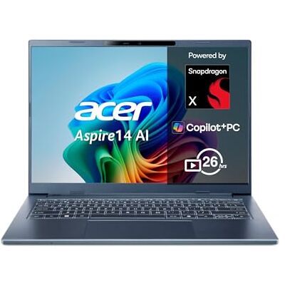 Acer Aspire 14 AI Copilot+ PC A14-11M, laptop 14 inch WUXGA IPS (Qualcomm Snapdragon X X1-26100, 16 GB RAM, 512 GB SSD, Qualcomm Adreno, Windows 11 Home), blauw, Spaans QWERTY-toetsenbord Acer Aspire 14 AI Copilot+ PC A14-11M, laptop 14 inch WUXGA IPS (Qualcomm Snapdragon X X1-26100, 16 GB RAM, 512 GB SSD, Qualcomm Adreno, Windows 11 Home), blauw, Spaans QWERTY-toetsenbord