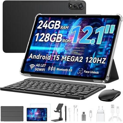 Blackview Mega2 Tablet 12 inch Android 15 tablets, 18 GB RAM + 128 GB ROM, 120 Hz 2K FHD gaming-tablet met toetsenbord, muis, stylus, hoofdtelefoon, 4G LTE + 5G, WiFi, 9000 mAh, WideVine L1, grijs Blackview Mega2 Tablet 12 inch Android 15 tablets, 18 GB RAM + 128 GB ROM, 120 Hz 2K FHD gaming-tablet met toetsenbord, muis, stylus, hoofdtelefoon, 4G LTE + 5G, WiFi, 9000 mAh, WideVine L1, grijs