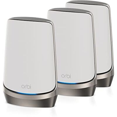 Netgear Orbi WiFi 6E Mesh Quad-Band (RBKE963) – wifi-router 6E en 2 satellieten – dekking van 800 m² – AX11000, tot 10,8 Gbit/s – doorkruist zeer dikke muren, compatibel met alle boxen Netgear Orbi WiFi 6E Mesh Quad-Band (RBKE963) – wifi-router 6E en 2 satellieten – dekking van 800 m² – AX11000, tot 10,8 Gbit/s – doorkruist zeer dikke muren, compatibel met alle boxen
