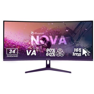 Arozzi Nova 34 inch gebogen gaming-monitor VA UWQHD 3440 × 1440, 165 Hz, 1 ms, FreeSync, HDR, Ultra Panorama, geïntegreerde luidsprekers, paars Arozzi Nova 34 inch gebogen gaming-monitor VA UWQHD 3440 × 1440, 165 Hz, 1 ms, FreeSync, HDR, Ultra Panorama, geïntegreerde luidsprekers, paars