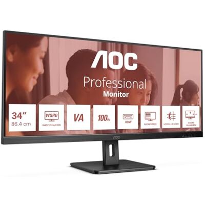 AOC U34E2M 34 inch WQHD-monitor, 100 Hz, 4 ms, Adaptive Sync (3440 x 1440, HDMI, DisplayPort) zwart AOC U34E2M 34 inch WQHD-monitor, 100 Hz, 4 ms, Adaptive Sync (3440 x 1440, HDMI, DisplayPort) zwart