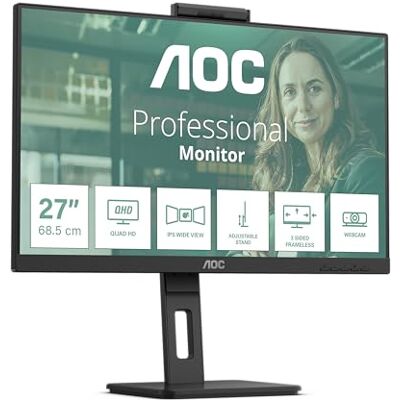 AOC Q27P3QW 27 inch QHD-monitor, 2MP webcam, in hoogte verstelbaar, luidspreker (2560 x 1440, 75 Hz, HDMI, DisplayPort, USB-hub) zwart AOC Q27P3QW 27 inch QHD-monitor, 2MP webcam, in hoogte verstelbaar, luidspreker (2560 x 1440, 75 Hz, HDMI, DisplayPort, USB-hub) zwart