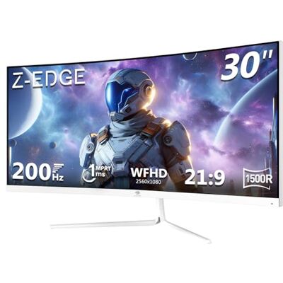Z-Edge PC-monitor voor gamer, gebogen, wit, 30 inch, 200 Hz, 1 ms, 2560 x 1080, FreeSync, Ultra Wide 21:9 Gaming Monitor, Helling verstelbaar, 1500R, 2×HDMI2.0 & 2×DP1.4, RGB, VESA 75 x 75 mm (DP Z-Edge PC-monitor voor gamer, gebogen, wit, 30 inch, 200 Hz, 1 ms, 2560 x 1080, FreeSync, Ultra Wide 21:9 Gaming Monitor, Helling verstelbaar, 1500R, 2×HDMI2.0 & 2×DP1.4, RGB, VESA 75 x 75 mm (DP