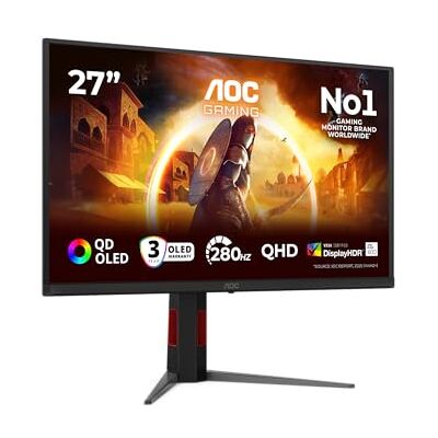 AOC Q27G4ZD 27 inch WQHD Monitor 280Hz, QD-OLED Panel, 0,03ms GtG, Adaptive Sync, HDR400 TrueBlack, G-Sync compatibel, Altura-aanpassing, (2560x1440 HDMI 2X 2.1 DP 1x 1.4 USB Hub) zwart AOC Q27G4ZD 27 inch WQHD Monitor 280Hz, QD-OLED Panel, 0,03ms GtG, Adaptive Sync, HDR400 TrueBlack, G-Sync compatibel, Altura-aanpassing, (2560x1440 HDMI 2X 2.1 DP 1x 1.4 USB Hub) zwart