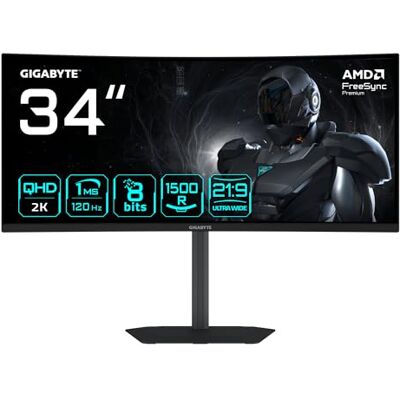 Gigabyte GS34WQCA 34 inch WQHD Curved Gaming Monitor 3440x1440, 1500R, 120Hz, 1ms, 300cd/m², FreeSync Premium, HDR Ready, HDMI 2.0, DisplayPort 1.4 Gigabyte GS34WQCA 34 inch WQHD Curved Gaming Monitor 3440x1440, 1500R, 120Hz, 1ms, 300cd/m², FreeSync Premium, HDR Ready, HDMI 2.0, DisplayPort 1.4