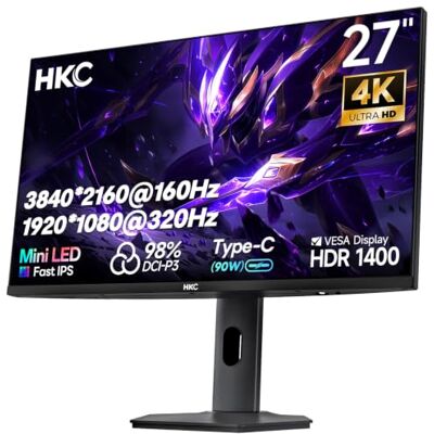 HKC G27M7Pro Mini LED IPS Gaming Monitor, UHD 160Hz/FHD 320Hz, 1ms DIC, HDR1400, 98% DCI-P3, Adaptive Sync, USB-C 90W, 2x HDMI 2.1, DP 1.4, in hoogte verstelbare houder, VESA 100×100 HKC G27M7Pro Mini LED IPS Gaming Monitor, UHD 160Hz/FHD 320Hz, 1ms DIC, HDR1400, 98% DCI-P3, Adaptive Sync, USB-C 90W, 2x HDMI 2.1, DP 1.4, in hoogte verstelbare houder, VESA 100×100