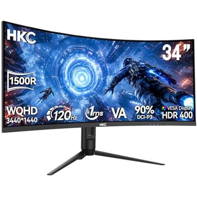 HKC 34 inch UWQHD gebogen gaming-monitor (3440 x 1440), 120 Hz, VA paneel 1500R, 1ms MPRT, HDR400, 90% sRGB, PBP-modus, HDMI 2.0 & DisplayPort 1.4, ultrawide monitor 21:9 voor gaming en kantoor HKC 34 inch UWQHD gebogen gaming-monitor (3440 x 1440), 120 Hz, VA paneel 1500R, 1ms MPRT, HDR400, 90% sRGB, PBP-modus, HDMI 2.0 & DisplayPort 1.4, ultrawide monitor 21:9 voor gaming en kantoor