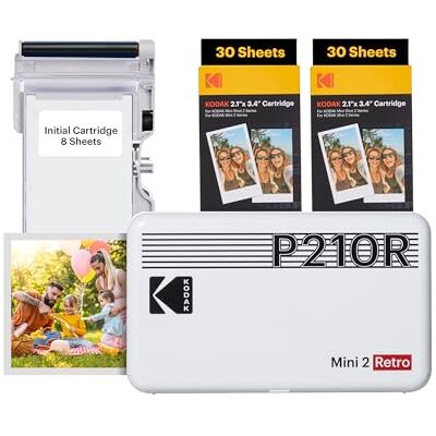 Kodak P210R Mini 2 mobiele fotoprinter, 6 cartridges inbegrepen, 54x86mm formaat Snapshots, Bluetooth, draadloos, draagbaar en compatibel met iOS en Android, Wit Kodak P210R Mini 2 mobiele fotoprinter, 6 cartridges inbegrepen, 54x86mm formaat Snapshots, Bluetooth, draadloos, draagbaar en compatibel met iOS en Android, Wit