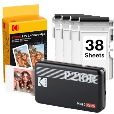 Kodak P210R Mini 2 draagbare fotoprinter + 6 cartridges, instant foto's van 54 x 86 mm, Bluetooth en compatibel met iOS- en Android-smartphones, Zwart Kodak P210R Mini 2 draagbare fotoprinter + 6 cartridges, instant foto's van 54 x 86 mm, Bluetooth en compatibel met iOS- en Android-smartphones, Zwart