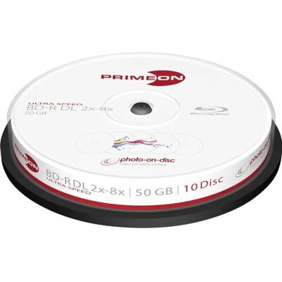Primeon BD-R DL 50GB/2-8x Cakebox (10 schijven) Foto-on-disk, Inkjet Full Size Printbaar Oppervlak Primeon BD-R DL 50GB/2-8x Cakebox (10 schijven) Foto-on-disk, Inkjet Full Size Printbaar Oppervlak
