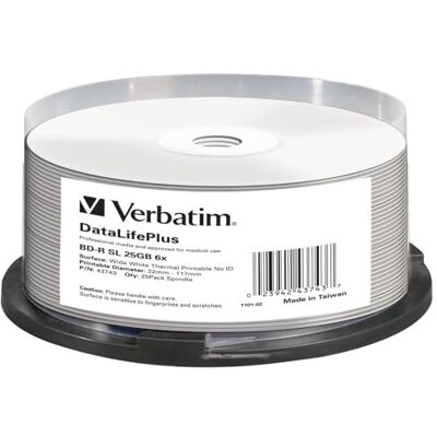 Verbatim 43743 Blu ray BD-R enkele laag DL + totaal bedrukbaar oppervlak voor thermische printer 6 x 25 GB verpakking van 25 stuks Verbatim 43743 Blu ray BD-R enkele laag DL + totaal bedrukbaar oppervlak voor thermische printer 6 x 25 GB verpakking van 25 stuks