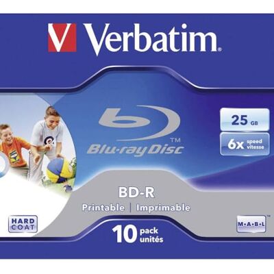 Verbatim 43713 BD-R enkele laag 6X 25 GB bedrukbaar oppervlak met 10 plastic behuizing Verbatim 43713 BD-R enkele laag 6X 25 GB bedrukbaar oppervlak met 10 plastic behuizing