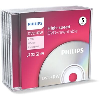 Philips 5 DVD+RW 4.7 GB 4x CD-behuizing DVDRW1S04/600 Philips 5 DVD+RW 4.7 GB 4x CD-behuizing DVDRW1S04/600
