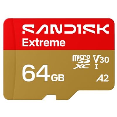 SanDisk Extreme microSDHC-kaart UHS-I + SD-adapter, 64 GB (tot 170 MB/s lezen en 80 MB/s schrijven, 5,3 K video, C10, V30, U3, A2) SanDisk Extreme microSDHC-kaart UHS-I + SD-adapter, 64 GB (tot 170 MB/s lezen en 80 MB/s schrijven, 5,3 K video, C10, V30, U3, A2)