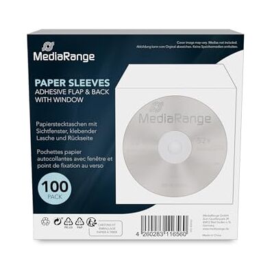 MediaRange – 100 stuks CD-papieren hoezen met venster en zelfklevende flap en lipside MediaRange – 100 stuks CD-papieren hoezen met venster en zelfklevende flap en lipside