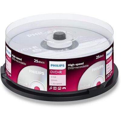 Philips Hoge snelheid lege dvd+R (4,7 GB/120 minuten video, 1-16x snelheid, pin 25) Philips Hoge snelheid lege dvd+R (4,7 GB/120 minuten video, 1-16x snelheid, pin 25)