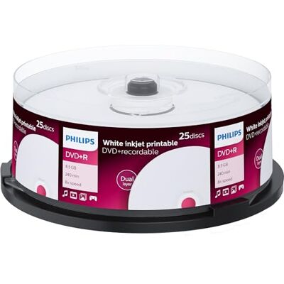 Philips Blanco DVD + R (8,5 GB gegevens/240 minuten video, 8-voudige high-speed opname, pin 25, dubbellaags DL, inkjetprinter) Philips Blanco DVD + R (8,5 GB gegevens/240 minuten video, 8-voudige high-speed opname, pin 25, dubbellaags DL, inkjetprinter)