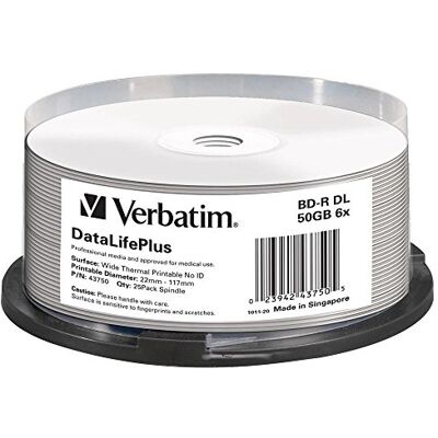Verbatim BD-R DL 50GB 6X, 25 stuks thermische print, spindle, 43750 (thermische print, spindel) Verbatim BD-R DL 50GB 6X, 25 stuks thermische print, spindle, 43750 (thermische print, spindel)