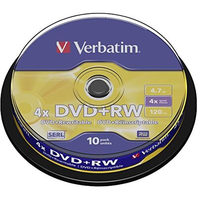 Verbatim DVD+RW, 4,7 GB, 4 x mat zilver, pin 10 Verbatim DVD+RW, 4,7 GB, 4 x mat zilver, pin 10