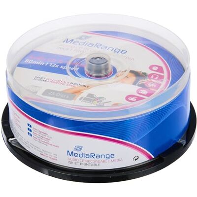 MediaRange Audio CD-R 700 MB/80 minuten 12 schrijfsnelheden op het hele oppervlak bedrukbaar (inkjet), taartbox 25 MediaRange Audio CD-R 700 MB/80 minuten 12 schrijfsnelheden op het hele oppervlak bedrukbaar (inkjet), taartbox 25