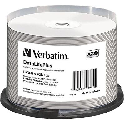 Verbatim 43744 DVD-R 50 stuks bedrukbare lege dvd-pinnen 16 x hoge levensduur en 4,7 GB geprinte DVD-R Verbatim 43744 DVD-R 50 stuks bedrukbare lege dvd-pinnen 16 x hoge levensduur en 4,7 GB geprinte DVD-R