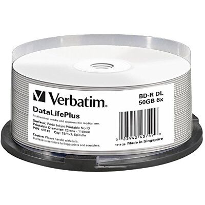 Verbatim BD-R, Blu-ray-schijf 50 GB, bedrukbaar oppervlak, 6-voudige graveersnelheid, DataLifePlus, 25 stuks Verbatim BD-R, Blu-ray-schijf 50 GB, bedrukbaar oppervlak, 6-voudige graveersnelheid, DataLifePlus, 25 stuks