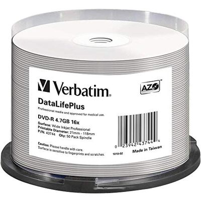 Verbatim 43744 DVD-R 50 stuks bedrukbare lege dvd-pinnen 16 x hoge levensduur en 4,7 GB geprinte DVD-R Verbatim 43744 DVD-R 50 stuks bedrukbare lege dvd-pinnen 16 x hoge levensduur en 4,7 GB geprinte DVD-R