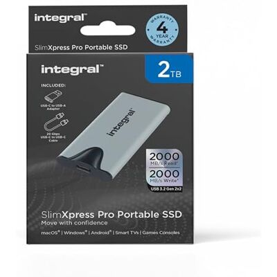 Integral SlimXpress Pro 2 TB draagbare SSD met USB 3.2 Gen 2 x 2 supersnelle lees- en schrijfsnelheid van 2000 MB/s Plug & Play compatibel met Mac, PC, Android, Xbox en Playstation Integral SlimXpress Pro 2 TB draagbare SSD met USB 3.2 Gen 2 x 2 supersnelle lees- en schrijfsnelheid van 2000 MB/s Plug & Play compatibel met Mac, PC, Android, Xbox en Playstation