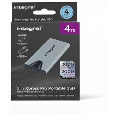 Integral 4TB SlimXpress Pro Portable USB 3.2 Gen 2x2 SSD Tot 2000MB/s lezen en 2000MB/s schrijven Compacte aluminium behuizing. Compatibel met Mac, PC en meer Integral 4TB SlimXpress Pro Portable USB 3.2 Gen 2x2 SSD Tot 2000MB/s lezen en 2000MB/s schrijven Compacte aluminium behuizing. Compatibel met Mac, PC en meer