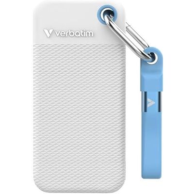 Verbatim Pocket SSD 1 TB, externe SSD, USB 3.2 Gen 2, tot 1000 MB/s lezen en schrijven, externe harde schijf met 2 rubberen hoezen (wit en lichtblauw) voor pc, Mac en console, wit Verbatim Pocket SSD 1 TB, externe SSD, USB 3.2 Gen 2, tot 1000 MB/s lezen en schrijven, externe harde schijf met 2 rubberen hoezen (wit en lichtblauw) voor pc, Mac en console, wit