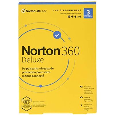 Symantec Norton 360 Deluxe boxversie (1 jaar) 3 apparaten, 25 GB cloudopslag Mass Market Win, Mac, Android, iOS Frans Symantec Norton 360 Deluxe boxversie (1 jaar) 3 apparaten, 25 GB cloudopslag Mass Market Win, Mac, Android, iOS Frans