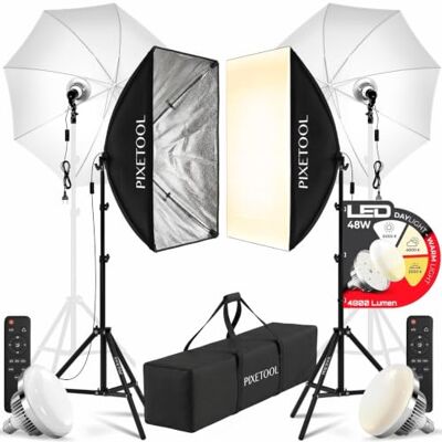 Pixetool Fotostudioset, 2 x lichtbakken, 2 x paraplu's, 2 x 85 W 3000-6000 K, lichtbakken 50 x 70 cm, videolicht, studiolicht Pixetool Fotostudioset, 2 x lichtbakken, 2 x paraplu's, 2 x 85 W 3000-6000 K, lichtbakken 50 x 70 cm, videolicht, studiolicht