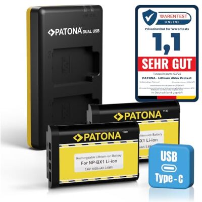 PATONA Dual USB-oplader en accu 2 x NP-BX1 voor Sony, 1000 mAh Complete set voor CyberShot DSC RX1, RX1R II, RX100 I-VII, HX50 HX60 HX80 HX90 HX99 WX500 PATONA Dual USB-oplader en accu 2 x NP-BX1 voor Sony, 1000 mAh Complete set voor CyberShot DSC RX1, RX1R II, RX100 I-VII, HX50 HX60 HX80 HX90 HX99 WX500