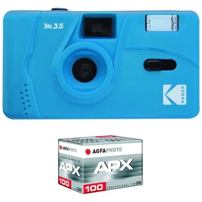 Kodak Pack M35 Argentique + film 100 ASA camera 36 posities, kleur Cerulean Blue, vaste groothoeklens, optische zoeker, geïntegreerde flitser Kodak Pack M35 Argentique + film 100 ASA camera 36 posities, kleur Cerulean Blue, vaste groothoeklens, optische zoeker, geïntegreerde flitser