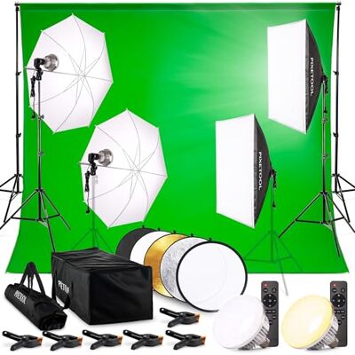 Pixetool Fotostudioset, groen display met standaard (3 m x 3 m), lichtbox, fotolamp, fotoachtergrond, reflector, streamingfotografie, groen display, licht Pixetool Fotostudioset, groen display met standaard (3 m x 3 m), lichtbox, fotolamp, fotoachtergrond, reflector, streamingfotografie, groen display, licht