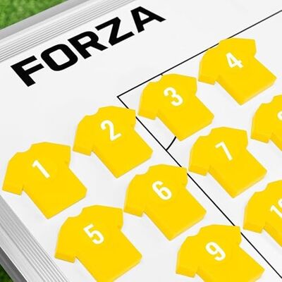 FORZA Trainingsmagneten in shirt, 11 kleurrijke magnetische markers met genummerde stickers, compatibel met tactiekborden, ideaal voor voetbaltrainers FORZA Trainingsmagneten in shirt, 11 kleurrijke magnetische markers met genummerde stickers, compatibel met tactiekborden, ideaal voor voetbaltrainers